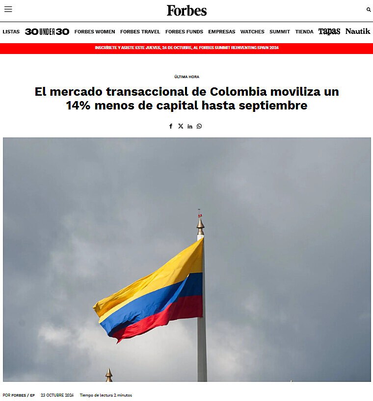 El mercado transaccional de Colombia moviliza un 14% menos de capital hasta septiembre